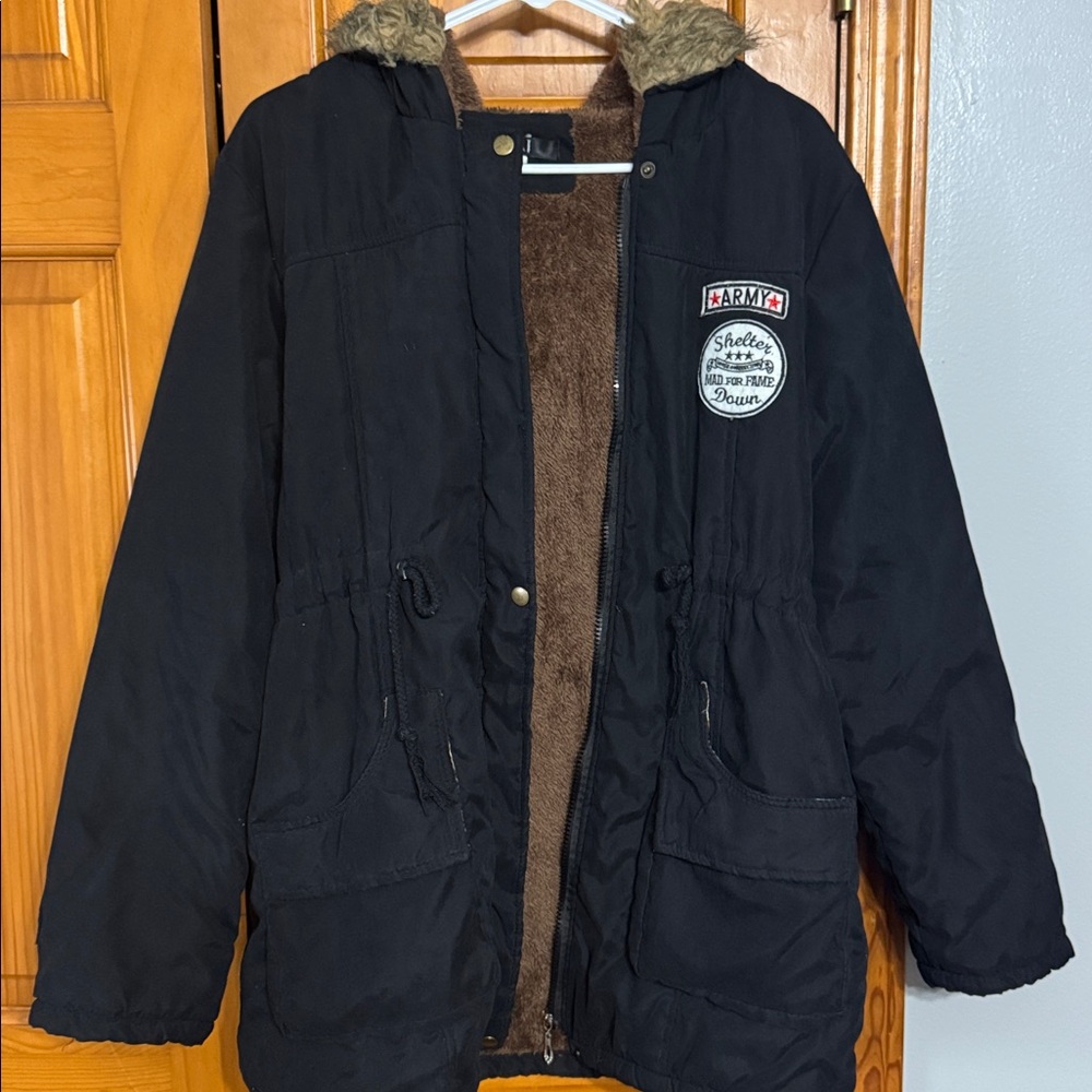 Z & I Women's Black Hooded Parka Faux Fur Trim Patches Cinch Waist Size M.